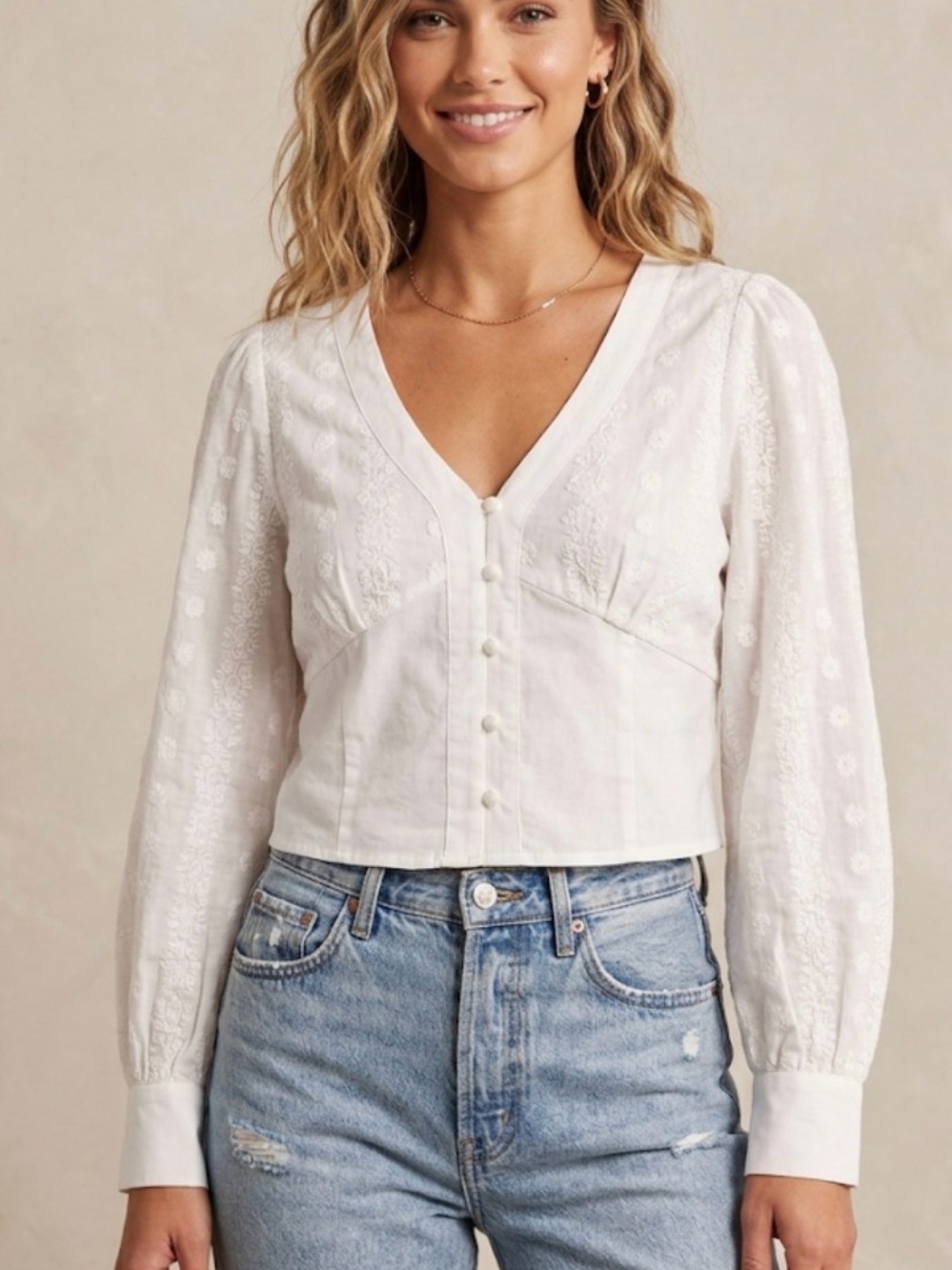 Sans Souci White Embroidered Button-Front V-Neck Blouse